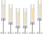 Metal & Acrylic Taper Candle Holders with Ribbed Design - Hurricane Clear Cylinder Candelabra for Wedding, Christmas, Party, Dining Table Centerpiece Decor (Silver, Set of 6) by KOLNLALA