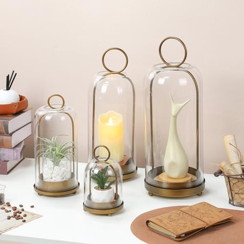 20" High Versatile Modern Metal Hurricane Lantern with Handmade Sturdy Glass Dome in Antique Brass for Pillar Candle & Plants, Industrial, Farmhouse, Shabby Chic (Brass, 7.5"x20") - Image 7