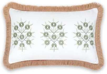 Hofdeco Premium Coastal Patio Indoor Outdoor Lumbar Pillow Cover Only, 12"x20" Water Repellent for Backyard, Couch, Green Embroidered Floral with Fringe - Image 6