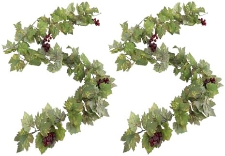 Artificial Grape Vine Leaf Garland Plant with 5 Strings Grapes, 6.5ft Artificial Fake Grape Vines Fake Greenery for Wedding Party Home Indoor Outdoors Decoration (2, Summer Leaf Garland) by SENCOS
