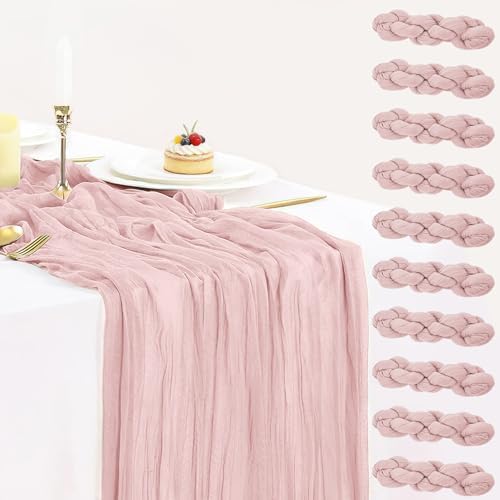 10 Pack Dusty Pink Spring Summer Cheesecloth Table Runners 35x120 Inches, 10FT Pink Table Runner Boho Gauze Cheese Cloth Table Runner for Wedding Baby Shower Birthday Party Decor by BlueTopCoLtd