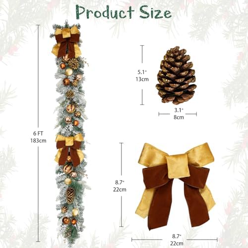 Christmas Garland for Front Door, 6 Foot Artificial Unlit Winter Garland with Pine Cones, Berry Clusters, Bronze Ball Ornaments and Ribbons for Thanksgiving Holiday Christmas Decoration - Image 2