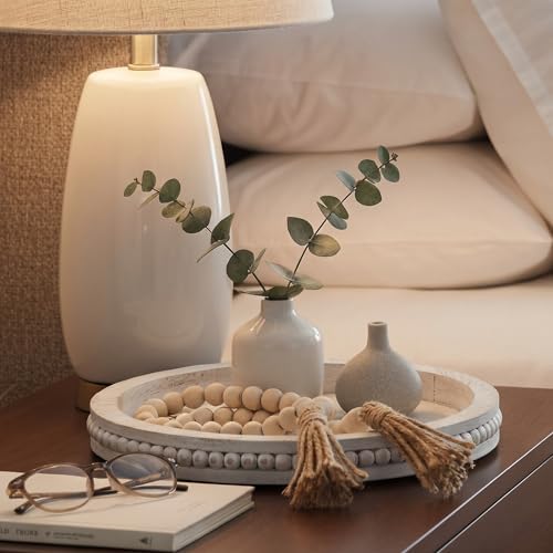 Mumufy 12" Round Decorative Tray with 58" Bead Garland, White Washed - Image 2