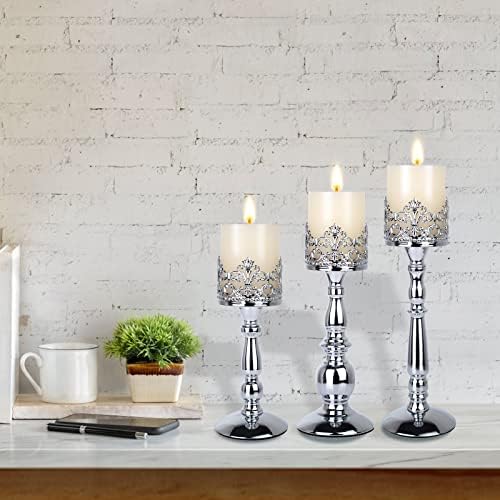 Candle Holders for Pillar Candles Set of 3 Silver Vintage Tall Candle Holders Decorative Large Table Centerpieces Candle Stand Decor - Image 4