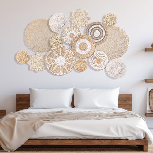 15 Pcs Boho Rattan Wall Baskets Hanging Decor, Grey White Style - Image 2