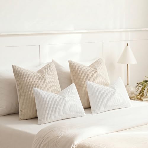 DEZENE Beige Couch Pillow Covers: Pack of 2 24x24 Inch Vertical Ripple Striped Velvet Square Throw Pillow Cases for Couch Sofa Bed Living Room Home Decor - Image 6