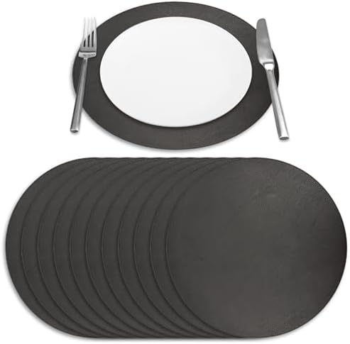 Morgan Faux Leather Round Set of 12 Placemats, 15", Black, Heat Resistant, Stain Resistant, Non-Slip, Reversible, Durable Table Mats for Kitchen, Dining Table, Indoor Washable Use by Homewear