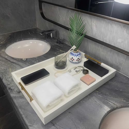 14x20 Inches White Faux Leather Wrapped Wood Serving Tray with Metal Handles for Various Occasions, Ottoman, Home Decor Decorative, Living Room, Coffee Table Organizer, Serving Breakfast On Bed - Image 6