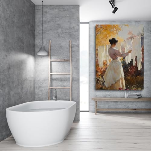 Laundry Room Wall Decor,Woman Doing Laundry PrintLaundry Clothesline Print,Laundry Day Painting,Farmhouse Laundry Wall Art,Vintage Fall Autumn Antique Rustic Farmhouse Decor24x36inch Unframed - Image 2