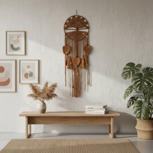 Tree of Life Macrame Wall Hanging Boho Dream Catcher Tapestry, Handmade Woven Wall Art for Bedroom Living Room Hallway Symbol of Growth Harmony Positive Energy Gift for Women - Brown - Image 5