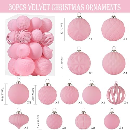 30pcs Velvet Christmas Ball Ornaments, Flocked Shatterproof Christmas Ornaments Hanging Xmas Tree Decorations Set for Home Party Holiday Decor (Multi-Size, Pink) - Image 2