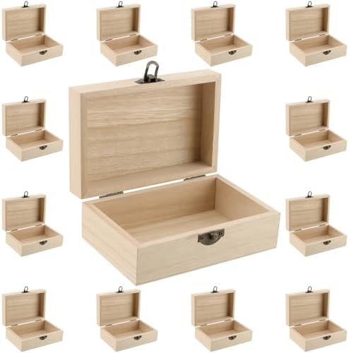 12 Pack Wooden Box with Hinged Lid and Clasps, 6 x 4 x 2.3 Inch Small Wood Craft Storage Box for Jewelry by SENJEOK