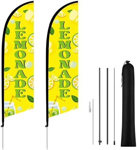 HunnmingRe 2 Set 11ft Lemonade Feather Flag Kit, Large Advertising Swooper Flag Banner with Aluminum & Fiberglass Poles and Ground Stakes, High-visibility Outdoor Sign for Business, Store by HunnmingRe