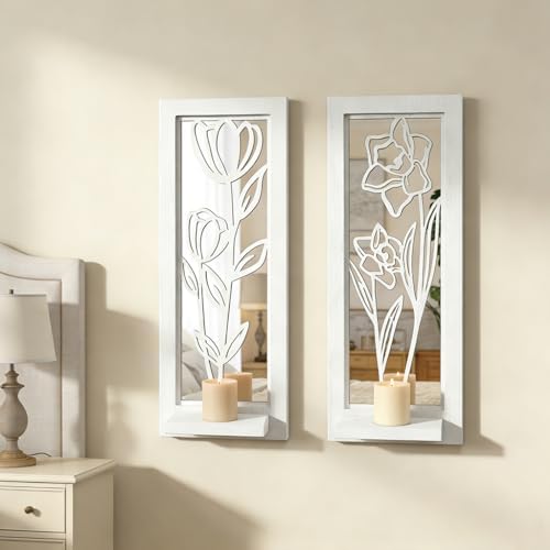 ZEXUIRU 2 Set Rustic Candle Sconces Living Room Bedroom Entryway Wood Mirrored, Farmhouse, Carved Frame Wall-Mount Wooden Candle Holders Wall Decor Hanging Handmade Holder - Distressed White - Image 5