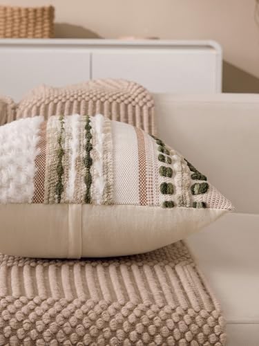 Boho Chenille Tufted Couch Throw Pillow Covers 18x18 Inch Set of 2 Farmhouse Striped Decorative Pillow Covers Accent Neutral Square Pillowcase Green Cushion Covers for Livingroom Sofa Bed - Image 4