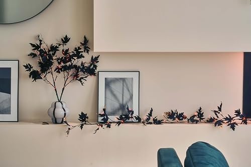 LITBLOOM Halloween Garland with Lights 6FT Battery Operated with Timer, Lighted Black Maple Garland with 48 Orange and Warm White LED Lights for Home Fireplace Mantle Table Fall Halloween Decoration - Image 2