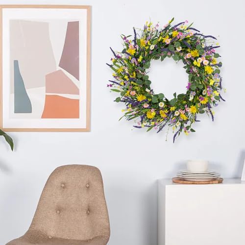 J'FLORU Large Spring Wreaths for Front Door 28 Inch Artificial Spring Wreath Summer Flower Wreath with Daisy and Lavender for Indoor Outdoor Wall Window and Easter Celebration - Image 2