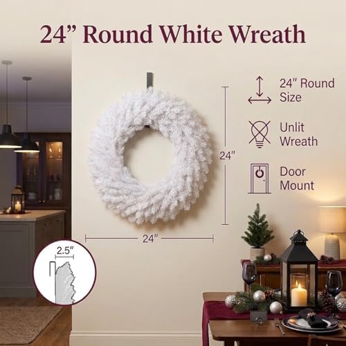 Perfect Holiday Canadian Pine Artificial Christmas Wreath 24 Inch Unlit White, Front Door Wreath for Home Decor, Entryway Accent, Christmas Decorations, Wall Decorations, Living Room Decor | White - Image 4