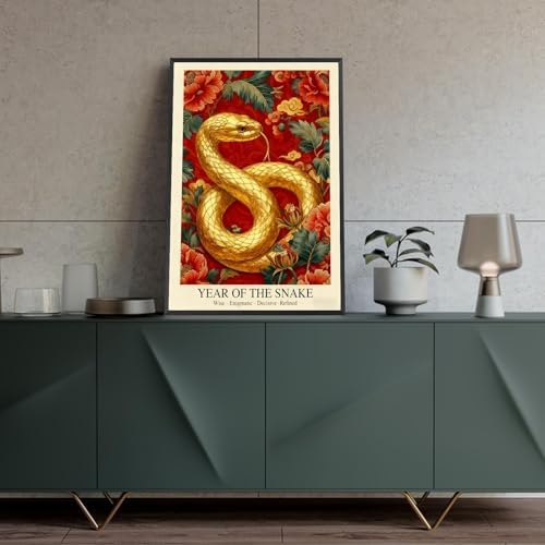 Chinese Lunar Year of the Snake Golden Art Print – Traditional Oriental Home Decor Red Peony & Cloud Pattern Zodiac Wall Decor for Apartment Bedroom Living Room Office 8X12 in Wrapped Framed - Image 4