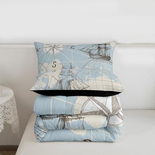 Nautical Comforter Set Full, World Map Bedding Set for Kids Boys Girls Teens, Retro Sailboat Ocean Duvet Insert, Vintage Anchor Compass Down Comforter, Yacht Sketch Quilted Comforter, White Blue - Image 4
