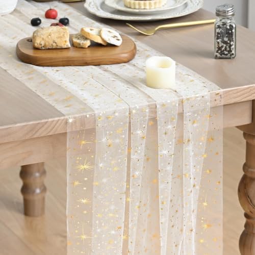 Artoid Mode 10PC Gold Stars Beige Gauze Table Runner 120 Inch 10FT, Reversible Glitter Sheer Dining Wedding Holiday Birthday Table Decor for Home Party by ArtoidMode