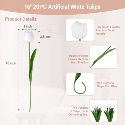 20 Pcs Fake Tulips Flowers 16" Tall, Realistic Touch Leaves, Bottle Tulip Artificial Plants Indoor for Home Decor Small Office Home Living Room-Vase Not Include -White - Image 2