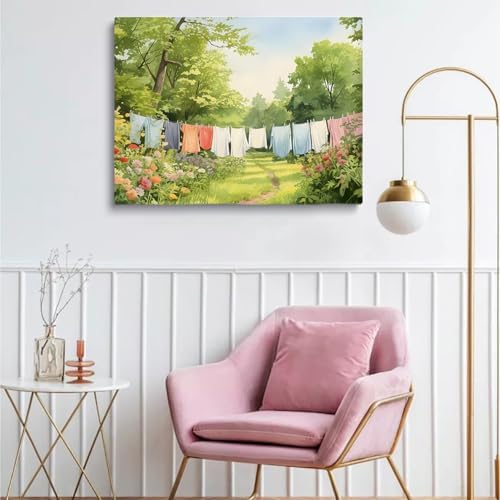 Vintage Laundry Room Wall Art,Laundry Line Oil Painting,Clothesline Laundry Room Decor,Laundry Clothesline Print,Clothes Hanging on Clothesline Picture,Rustic Farmhouse Decor20x30inch Framed Art - Image 4