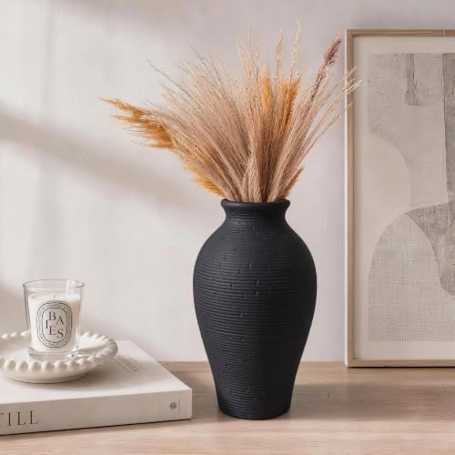 Ceramic Flower Vase Home Decor, 11 in Farmhouse Table Black Vases Rustic Vintage Living Room Kitchen Bedroom Decorations Pottery Decorative Vases for House Shelf Office Coffee Desk Dining Fireplace - Image 3