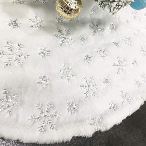 CHICHIC 36 Inch Large Christmas Tree Skirt White Tree Skirt Xmas Faux Fur Tree Skirts Christmas Decorations for Holiday Tree Ornaments Christmas Party Home Decorations with Sequin Silver Snowflakes by CHICHIC
