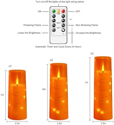 Sasigeiaa Flameless Candles with Embedded Star String - Battery Operated LED Candles, with Remote,7 Orange Flickering Candles for Christmas, Weddings, Home Decor & Party,(D 2.3"×H 5" 6" 7") - Image 2