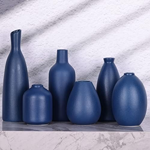 Blue Ceramic Vase - Set of 6 Blue Bud Vases, Modern Farmhouse Navy Blue Decorative Vases for Home, Office, Living Room, Table Decor - Ideal Centerpieces for Flowers, Shelf and Fireplace Accents - Image 5