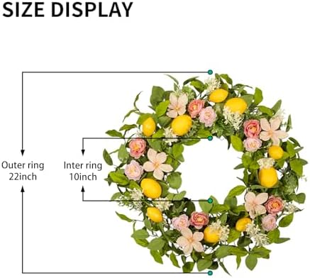 Lemon Eucalyptus Wreath for Front Door - 22 Inch Artificial Lemon Wreath with Fabric Leaves & Pink Camellias, Farmhouse Kitchen Decor, Spring Summer Welcome Wall Hanger - Image 3