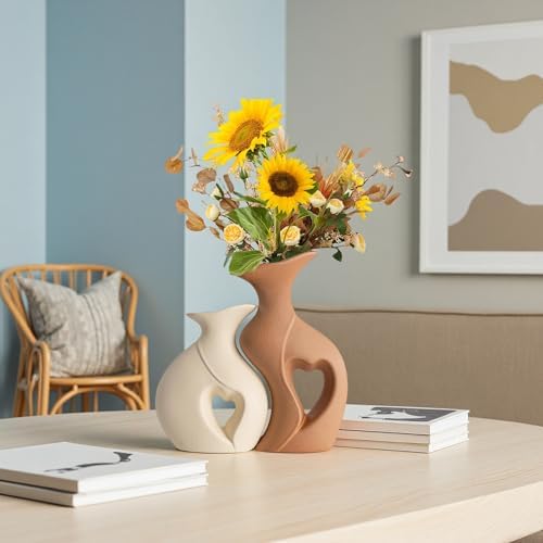 Beige and Brown Ceramic Vase Set of 2，Heart Shaped Home Decor - Image 2
