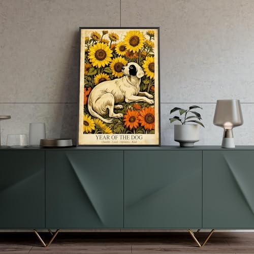 Chinese Lunar Year Of The Dog Wall Art – White Dog and Sunflower Painting for Bedroom Living Room and Gallery Decor – Fun Home Print Decoration Posters 20X30 in Unframed - Image 4