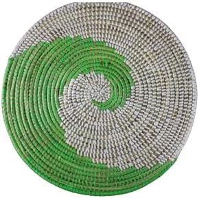 Senegal Placemats/African Bohemian Woven Seagrass Placemats/Natural Wicker Round Basket Placemats/Decorative Hanging Wicker Plates/Hanging Wall Decor (Green & White) by Handmade
