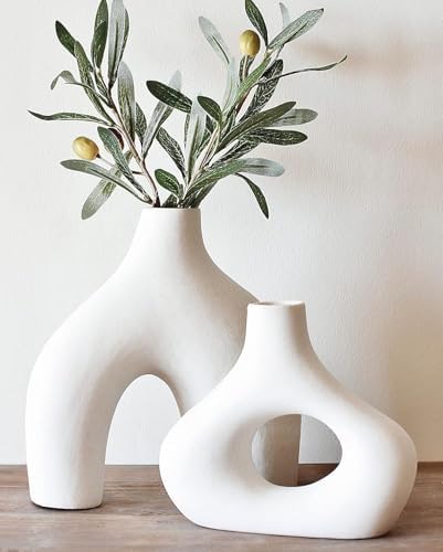 Carrot's Den Ceramic Modern Vase Set of 2, Donut Shelf Decor, Warm White by CarrotsDen