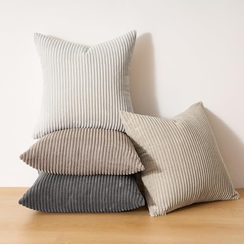 Topfinel 4 Packs Natural Decorative Throw Pillows Covers 24x24 Inch for Living Room Couch Bed Sofa, Rustic Farmhouse Boho Home Decor, Soft Plush Striped Corduroy Square Cushion Case 60x60 cm - Image 3