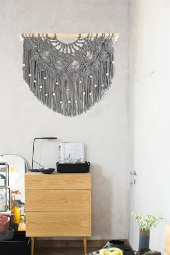 Youngeast Large Macrame Wall Hanging Boho Beaded Curtain for Window Macrame Bedroom Headboard Living Room Wall Art Tassel Tapestry Bohemian Woven Wall Decor 31" W X 25" H (Grey) - Image 5