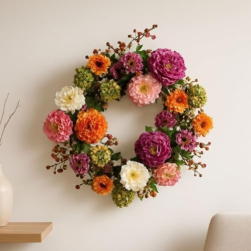Nearly Natural 24 in Artificial Peony Wreath for Front Door Decor - Image 4