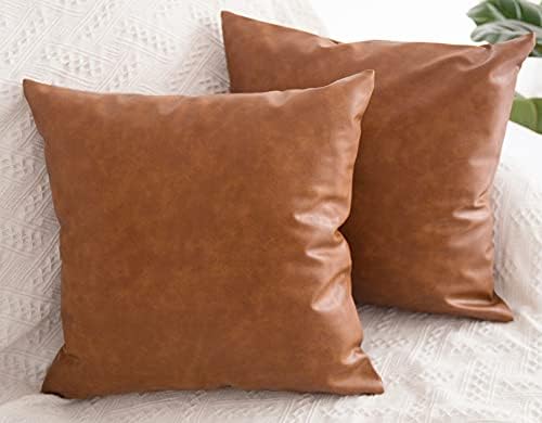 Faux Leather Throw Pillow Covers 22x22 inch, Set of 2 Thick Cognac Brown Modern Solid Decorative Square Minimalist Cushion Cases for Couch Bed Sofa - Image 4