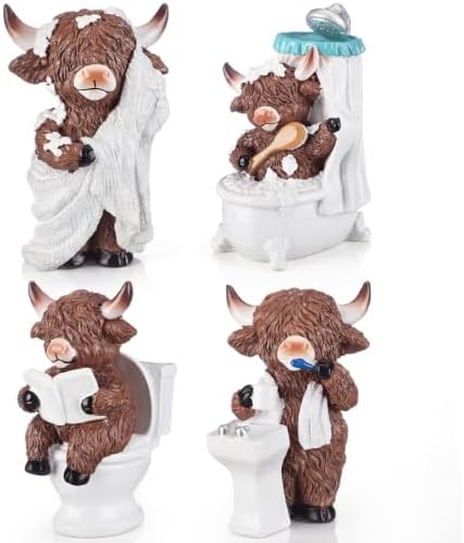 Simgoing 4 Pcs Farmhouse Highland Cow Bathroom Decor, Resin Cow Figurines by Simgoing