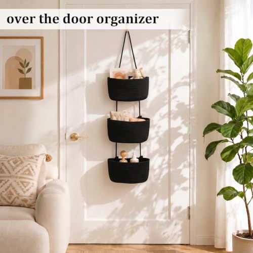 TeoKJ Over the Door Hanging Basket, 3-Tier Woven Cotton Wall-Mounted Storage Organizer Bag Decorative Hanging Nursery Baskets, Black - Image 2