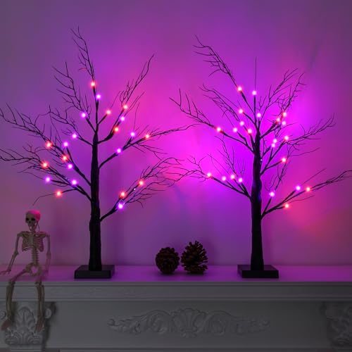 2Pack 24 Inch Halloween Spooky Tree with Lights, Lighted Tabletop Black Tree with Timer, Indoor Halloween Decorations for Home - Image 6