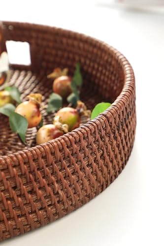 HITOMEN Hand-Woven Round Rattan Serving Tray Decorative Ottoman Wicker Platter with Handles for Coffee Table, Breakfast, Drinks, Snack, Bread, Fruit, Vegetables (Brown Set of 2: M+L) - Image 4