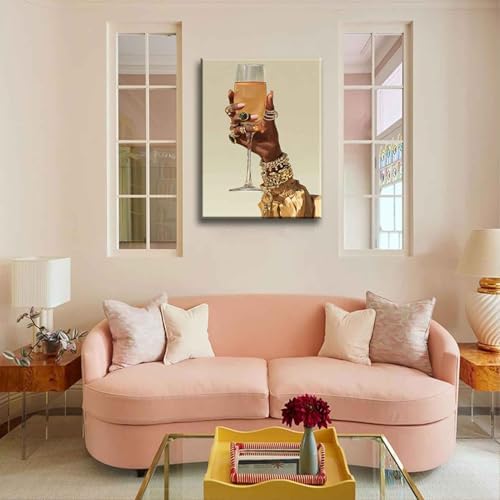 Black Woman Cocktail Canvas Wall Art Fashion Girl Martini Hand Painting Decor Pictures African American Goblet Bar Cart Posters Prints for Apartment Dining Living Room Bedroom Home Decoration - Image 3