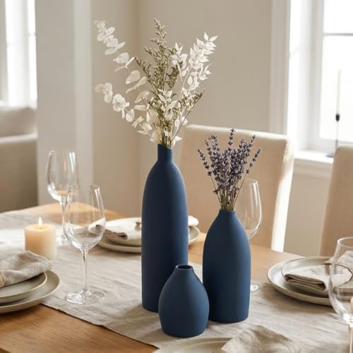 Blue Vase Set of 3, Navy Blue vase Trio Ceramic Bud Vases, Watertight Blue Ceramic vase Set with Non Slip Pads, Small Medium Tall Vases for Shelf Decor, Centerpieces - Image 7