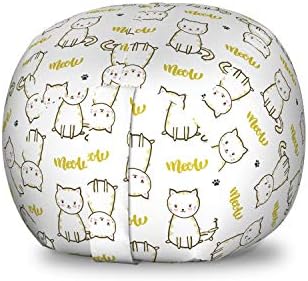 Ambesonne Cat Storage Toy Bag Chair, Cursive Meow with Upside Down Kittens Mini Paws, Stuffed Animal Organizer Washable Bag, Small Size, Mustard White by Ambesonne