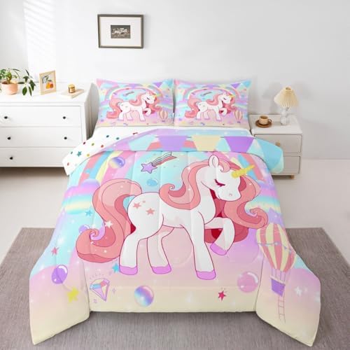 Unicorn King Cute Rainbow Unicorn Comforter Set - 3Pcs Kids Teens Girls Bedroom Decor - Cartoon Horse Duvet Set - Ombre Galaxy Bedding - Elegant Down Comforter by Erosebridal