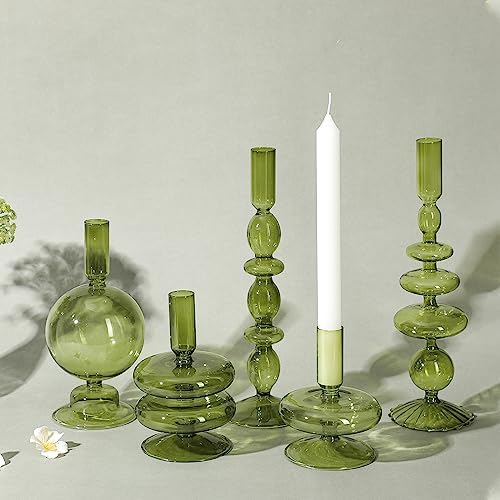 Rtteri 5 Pcs Glass Candlestick Holders Colorful Glass Taper Candle Stand Groovy Candlestick Wavy Boho Chic Clear Bases Holders Elegant Vase for Home Party Centerpiece(Green) by Rtteri
