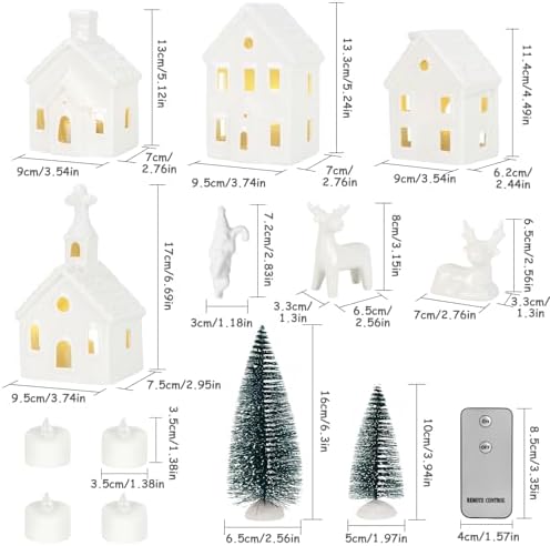 Christmas Decorations Indoor - 9 Piece Christmas Village Sets with 4 Remote Control Lighted Ceramic Houses, 2 Trees, 2 Deer & Santa - Neutral White Farmhouse Holiday Decor for Home Table Room(White) - Image 2